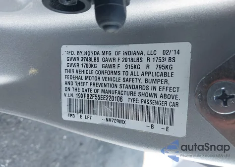 2014 Honda Civic Lx z USA, uszkodzony, nr VIN 19XFB2F55EE220106